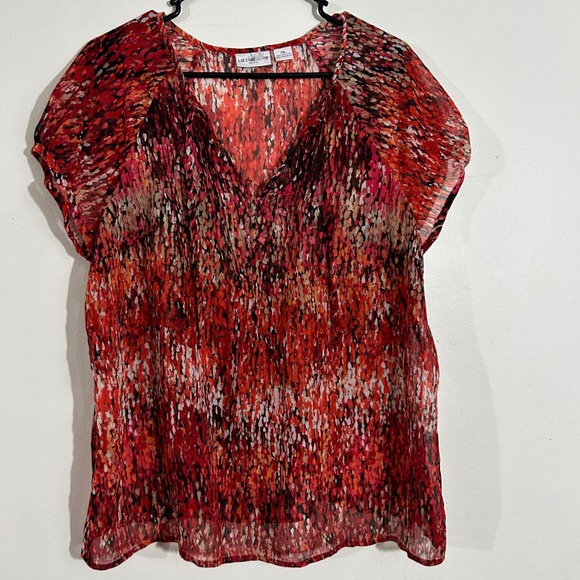 Liz Claiborne Petite Womens PXL Blouse Red Sheer Pleated V Neck Top - Picture 1 of 8